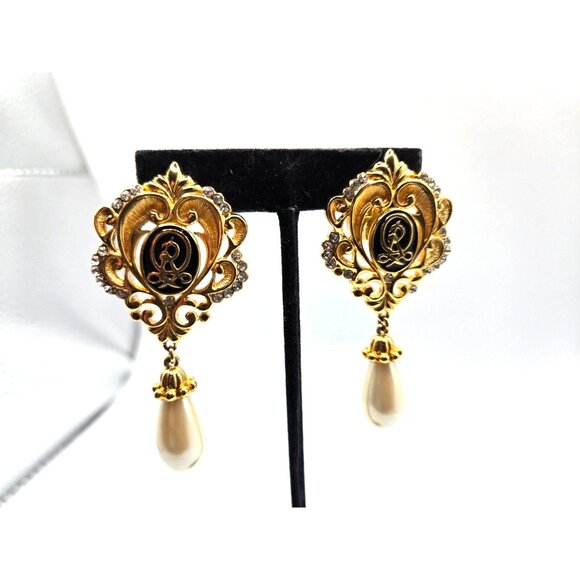 Vintage OSCAR DE LA RENTA signed clip statement earrings 2.5" dangle pearl - Picture 3 of 8